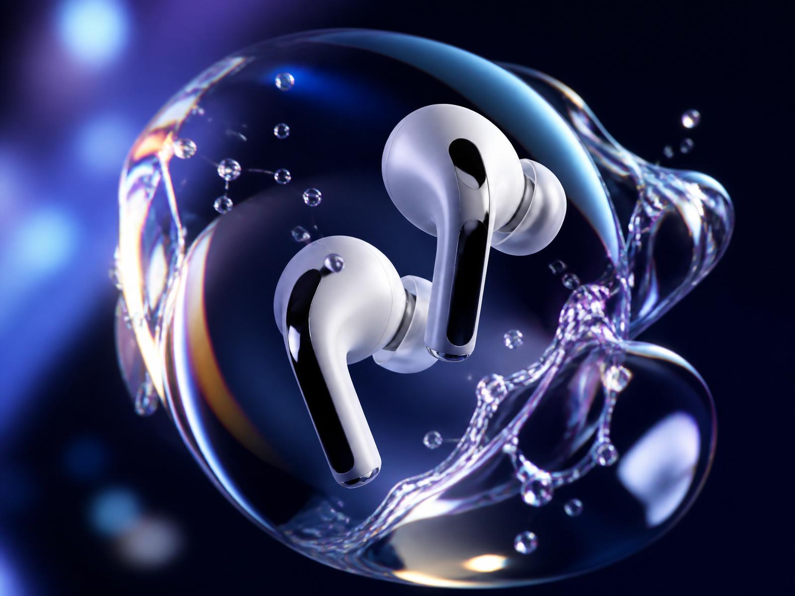 Wireless earbuds inside a liquid glass bubble